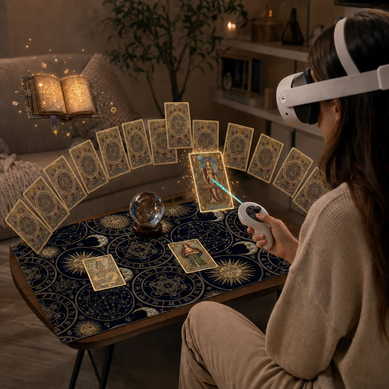 Astra Tarot MR 场景展示：用户佩戴 Quest 头显，用手柄查看真实房间中的虚拟塔罗牌。