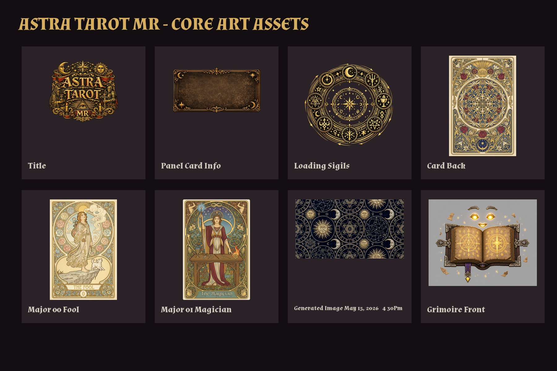 Astra Tarot MR 视觉素材：标题标识、信息面板、加载符号、卡背、卡面、星象桌布和魔法书。