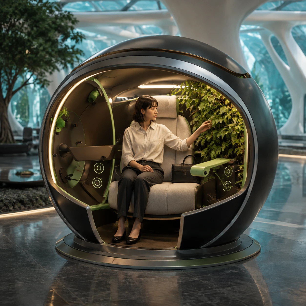 The Healing Commute 概念视觉：通勤者在球形休息舱中轻触植物，外部为未来换乘枢纽。