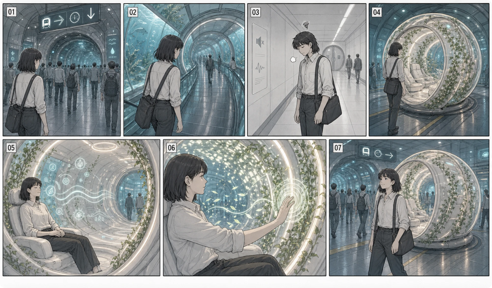 Yuki 穿过水下车站通道，在球形舱中坐下、触碰植物，随后继续通勤的七步故事板。
