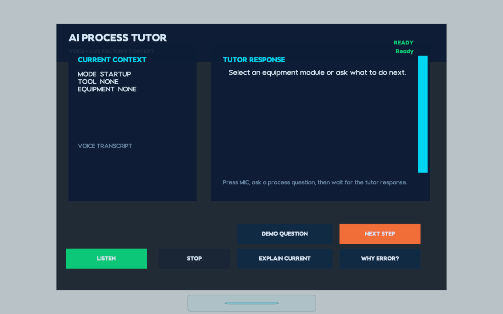 AI Tutor 面板左侧为当前场景与语音转写，右侧为回答，下方提供解释当前内容、原因和下一步等提问入口。